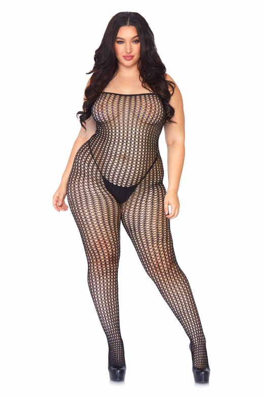 Net Spaghetti Strap Bodystocking - Plus Size / Black by Donna Di Capri