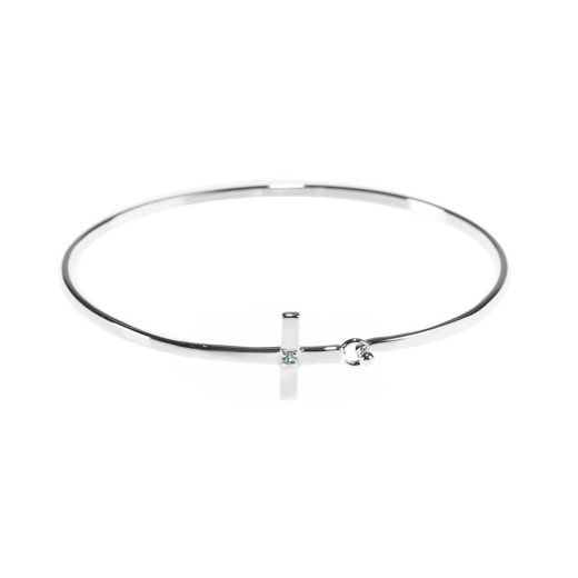 Brc-December Sideways Crs-Cz Bangle - Silver Plate Sideways Cross-Blue Zircon CZ Jewelry