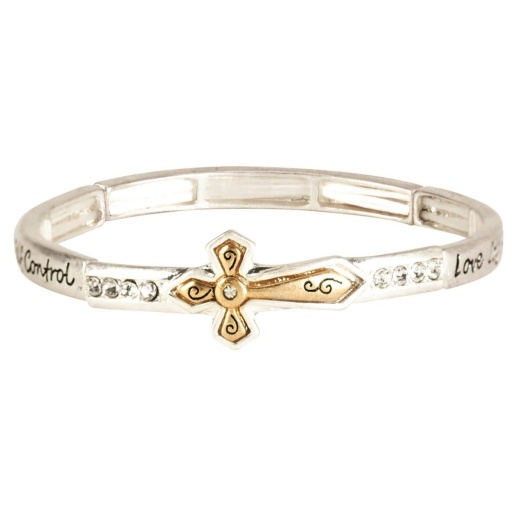 Silver Plated Love Joy Peace Horizontal Cross Bracelet