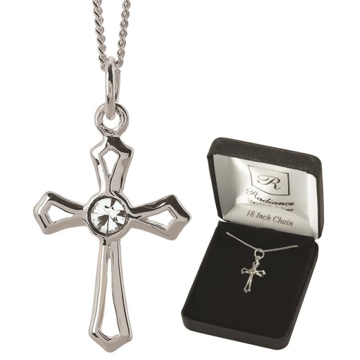 Nk Ss Opn Flare Crs Cz 18"Dbox Cross Necklace