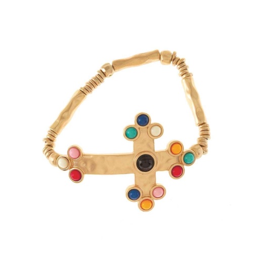 Gold Plated Large Stretch Hammered Jeweled Bud Cross with Turquoise Beads - Brc-Gp Lg Jewel Bud Crs Stretc