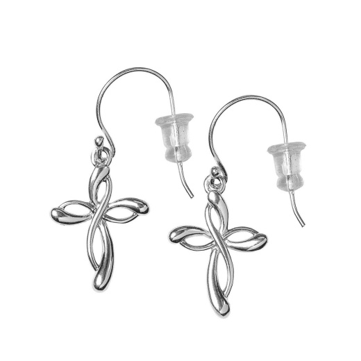 Ear Ribbon Cross Earrings - 7/8" Silver Plated with Sterling Silver Wires