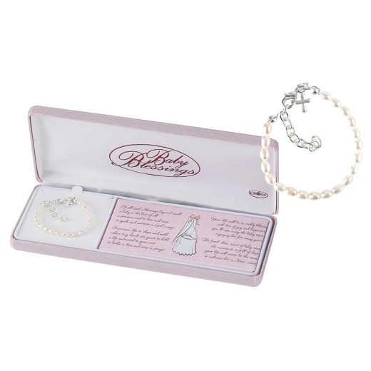 Brc-Sp Puff Crs/Wht Pearls-Bb Necklace - Silver Plated Cross White Fresh Water Pearls