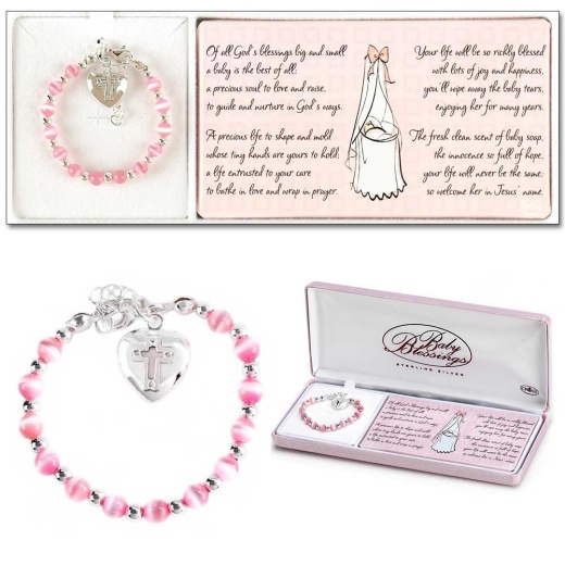 Pink Cat Eyes Baby Heart and Cross Silver Plated 4" Bracelet - Buy Online