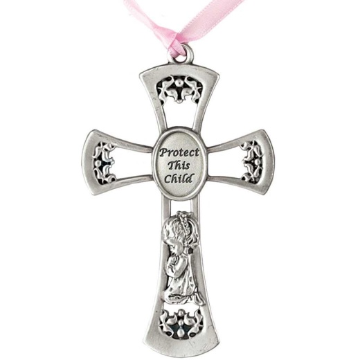 Girl Cradle Medallion - Protect This Child Pewter Cross