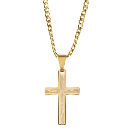 Nk Box Grain Crs Gp Stnls Stl 24" Chn Necklace - Wood Grain Design Box Cross Pendant