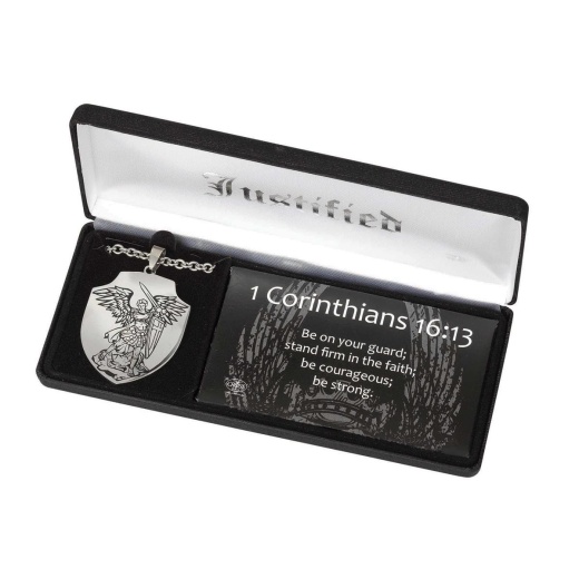 St Michael Shield Pendant Necklace - Stainless Steel 24"