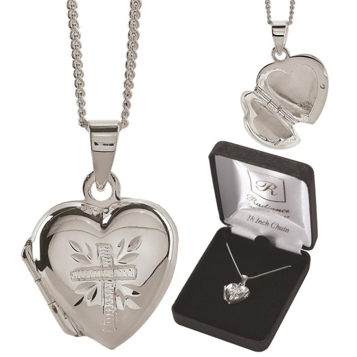 NK-SS Etched Heart Lkt 18"Dbox - Sterling Silver Heart Locket with Cross Design Engraving