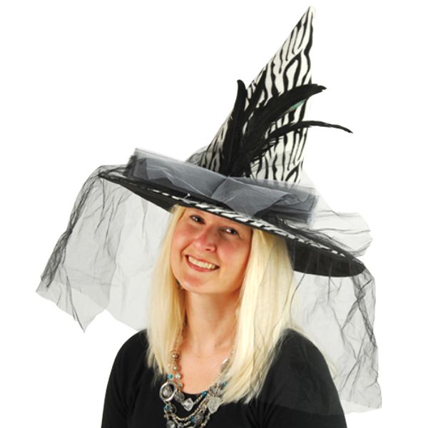 Zebra Print Witch Hat With Feathers Tulle
