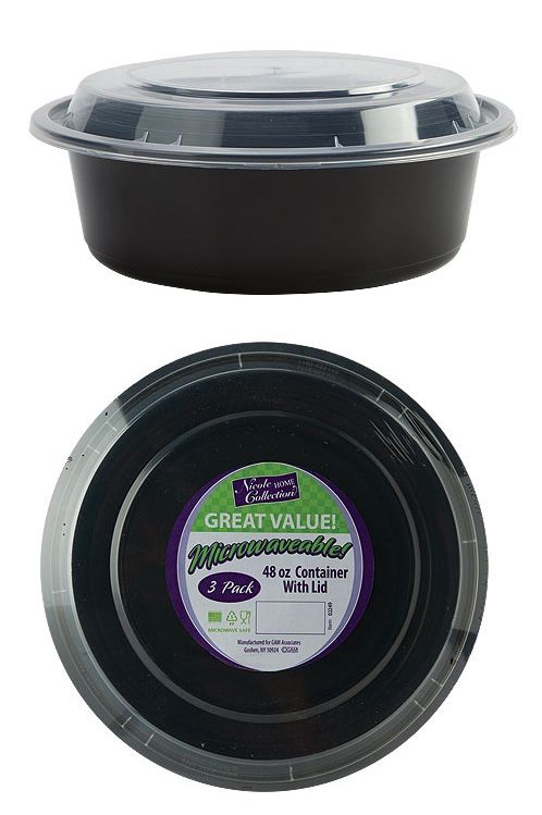 9" Round Deep Microwaveable Containers - Black - 3-Packs - Nicole Home Collection
