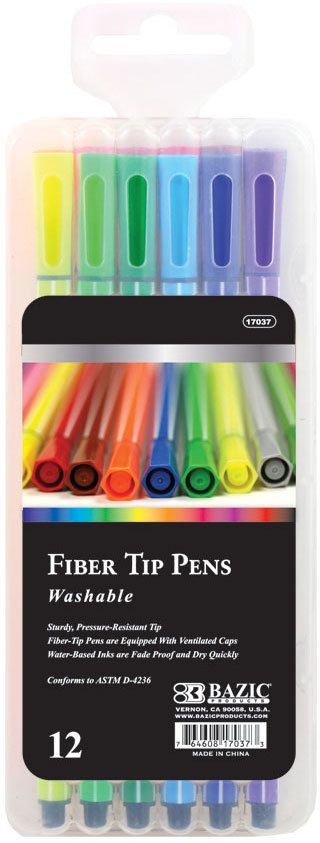 Fiber Tip Pens - 12 Count, Assorted Colors, Washable