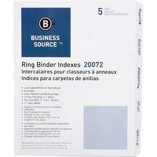 Index Dividers - 5 Tabs, Erasable, White