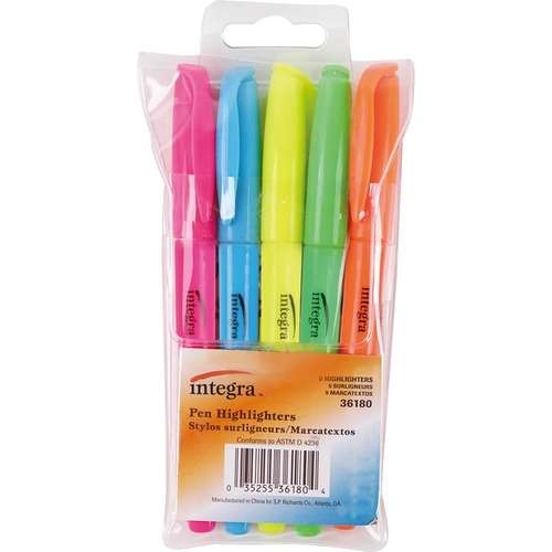 Highlighters - 5 Fluorescent Colors, Pen-Style, Chisel Tip
