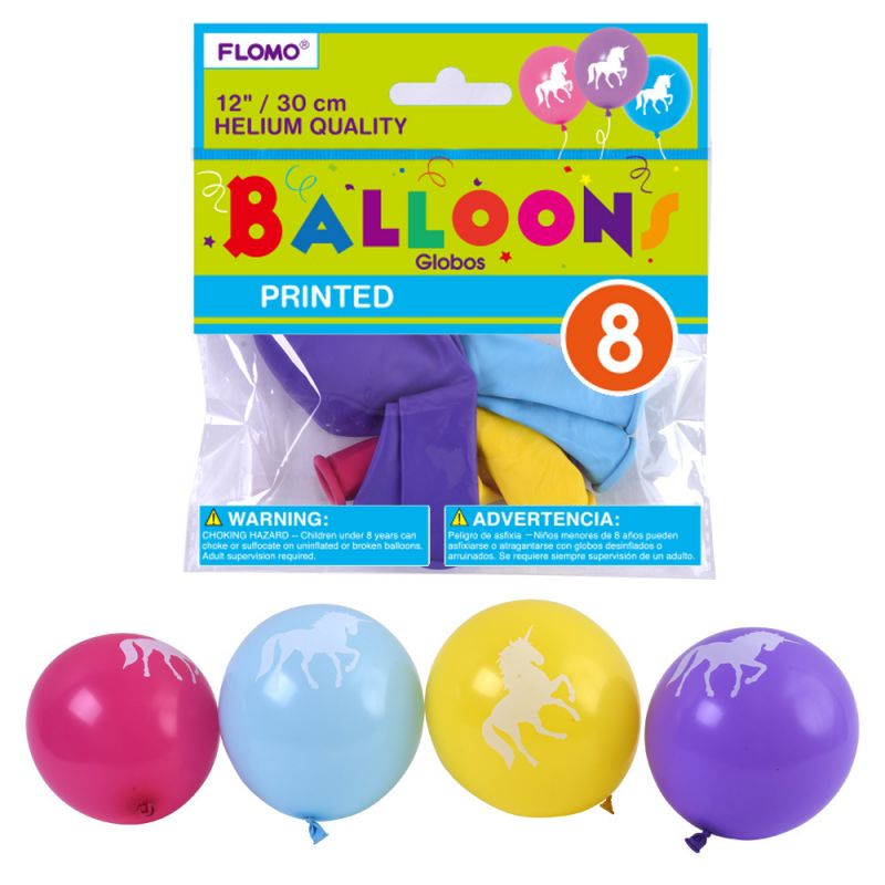 Unicorn Printed Balloons - 8 Pack, Assorted Colors, 12"