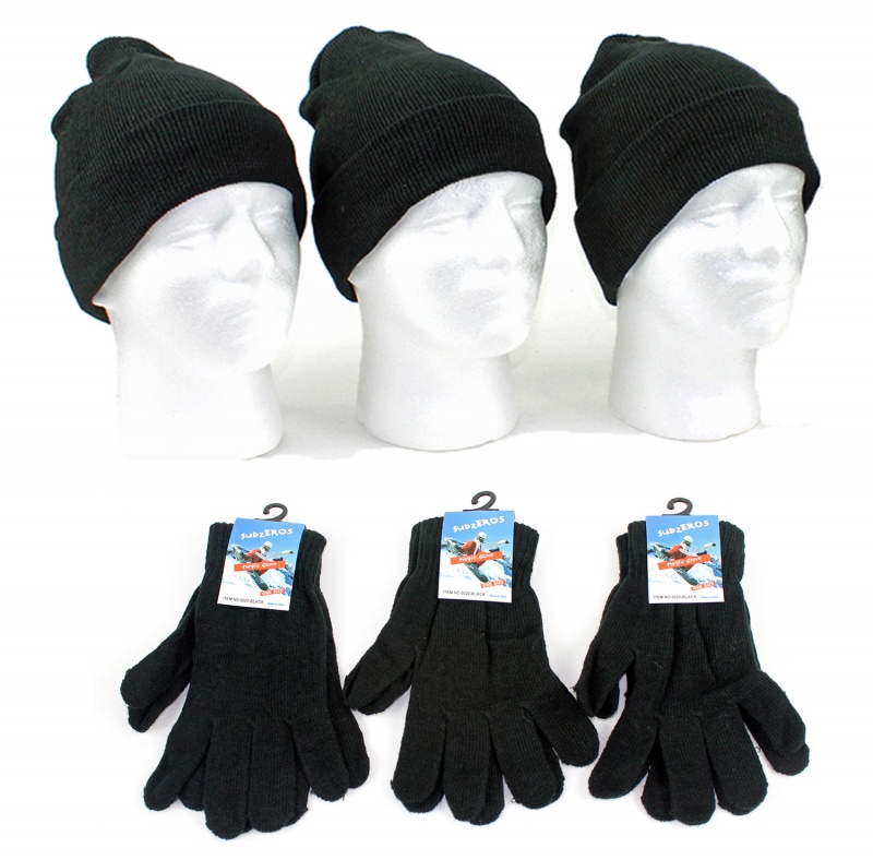 Adult Knit Hats Magic Gloves Sets - Black, Cuffed Winter