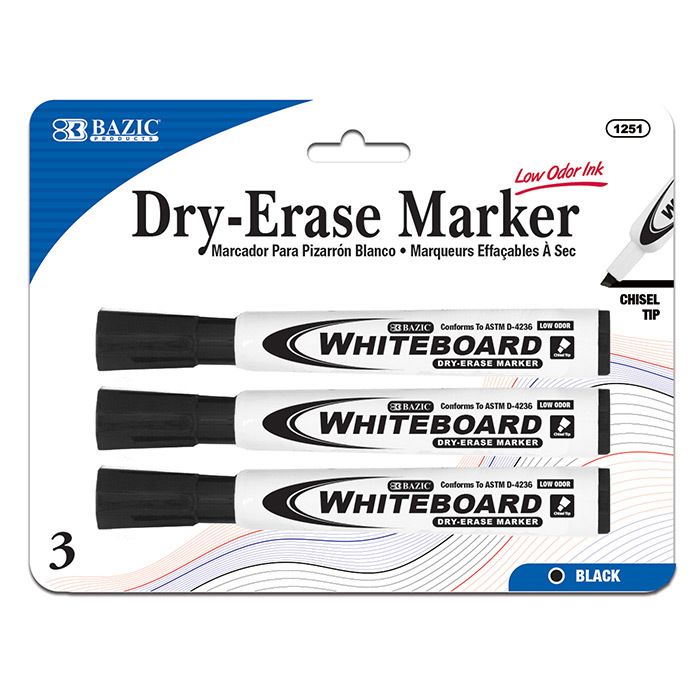 Dry-Erase Markers - Black, Chisel Tip, 3 Pack