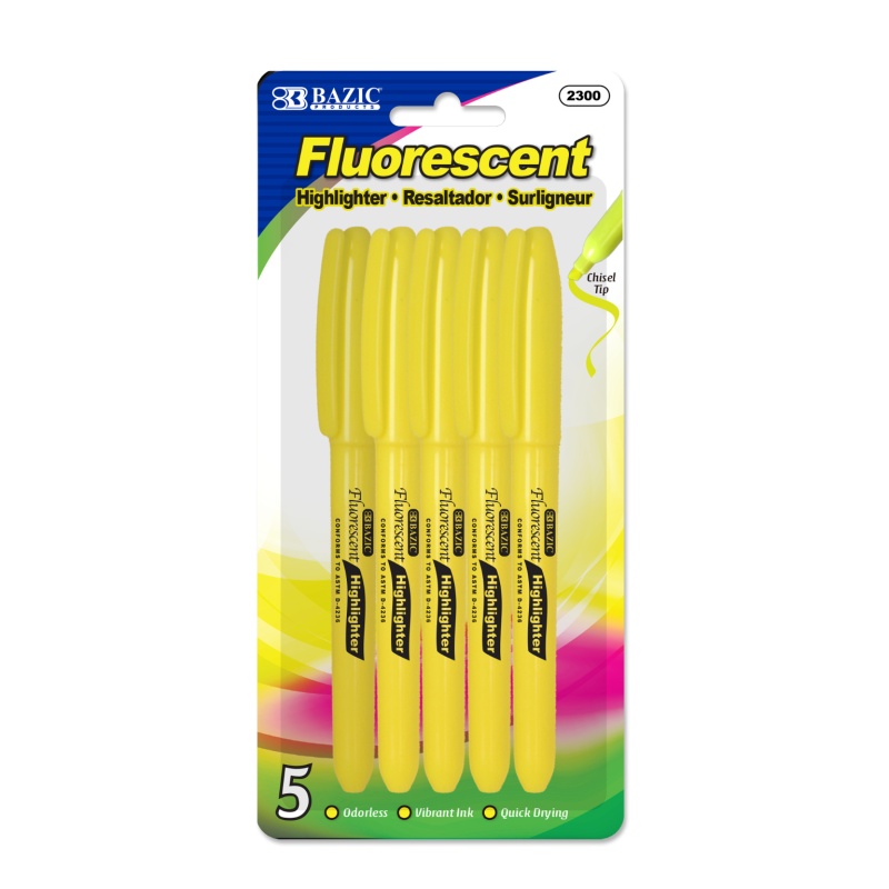 Highlighters - Fluorescent Yellow, Chisel Tip, 5 Pack