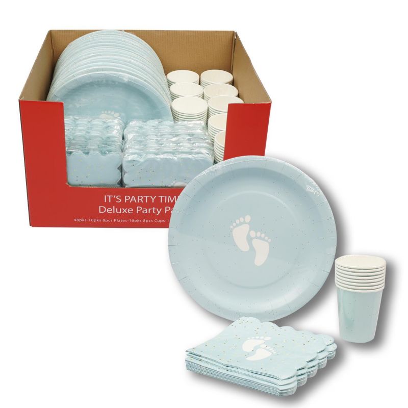 Baby Shower Party Supplies Set - Blue, Footprint Design, 8 Pack