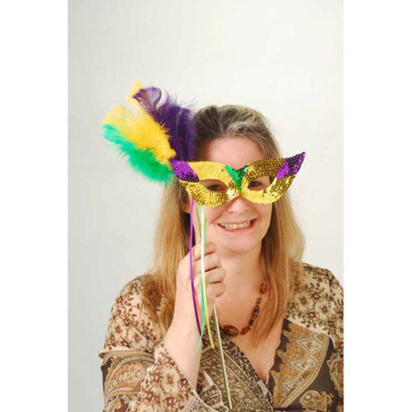 Mardi Gras Sequin Mask With Feathers And Stick