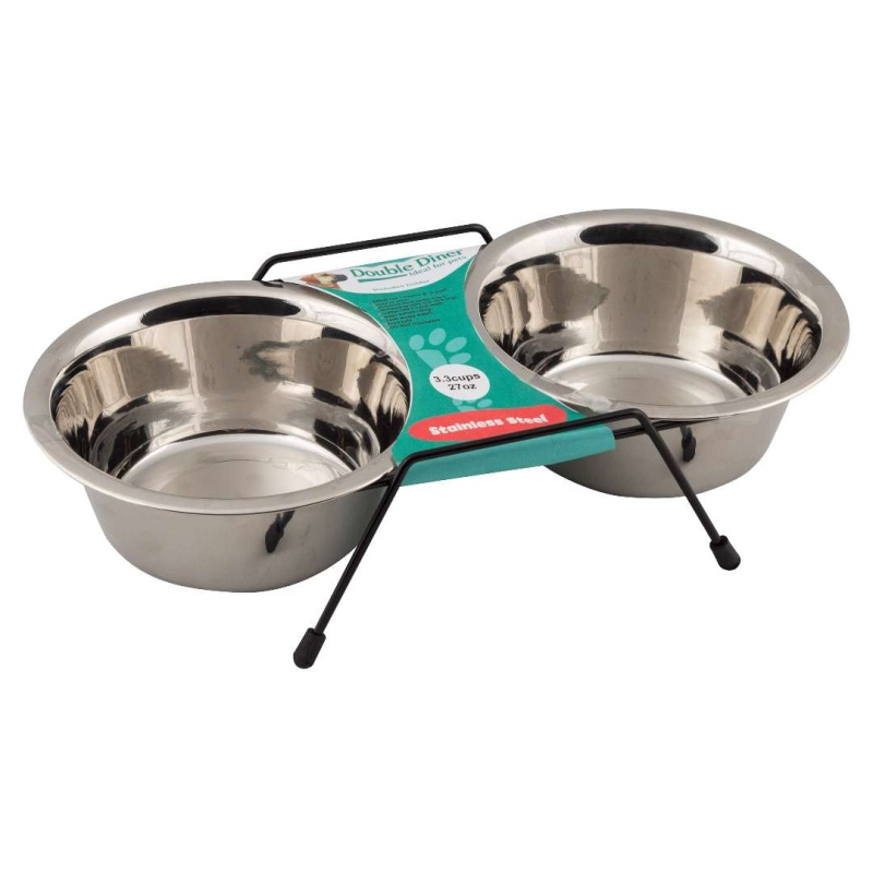 Double Pet Bowls - Stainless Steel, 28 Oz, With Stand