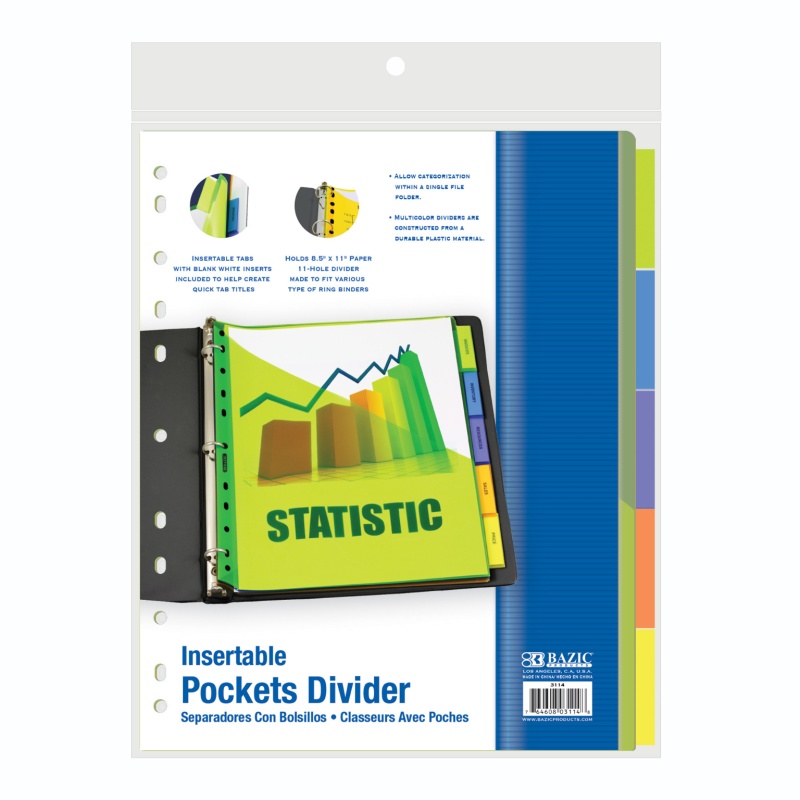 Index Dividers - 5 Count, 3 Ring Reinforced, Front Pockets, Labels