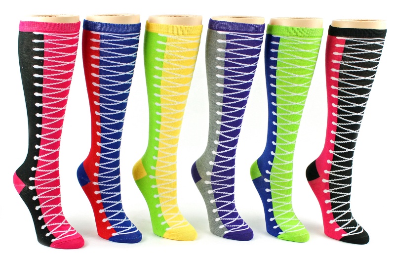 Women's Knee High Socks - Lace Boot Prints, Size 9-11