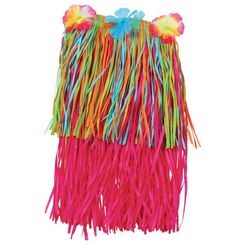 Pink And Multi Color Hula Skirt With Flowers - Child Size