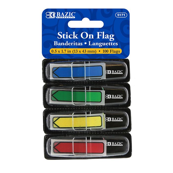 Stick-On Flags - 4 Dispensers, 100 Primary Color Flags