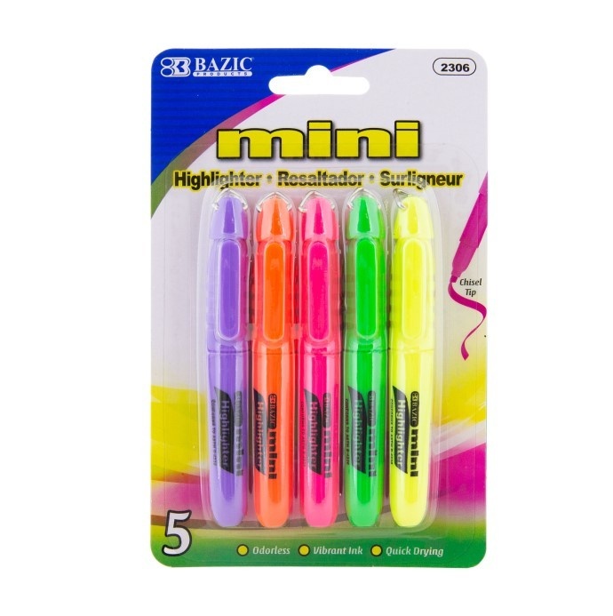 Mini Highlighters - Assorted Fluorescent Colors, 5 Pack