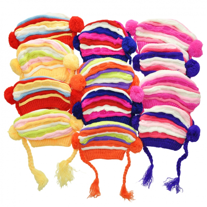 Swan Kids' Stripe Knit Pom Tassel Caps