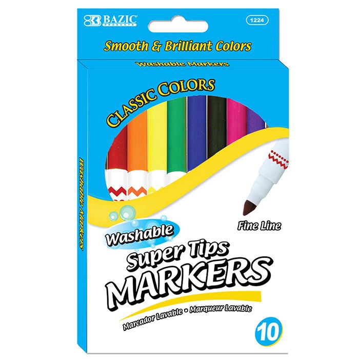 Markers - 10 Count, Washable, Assorted Colors