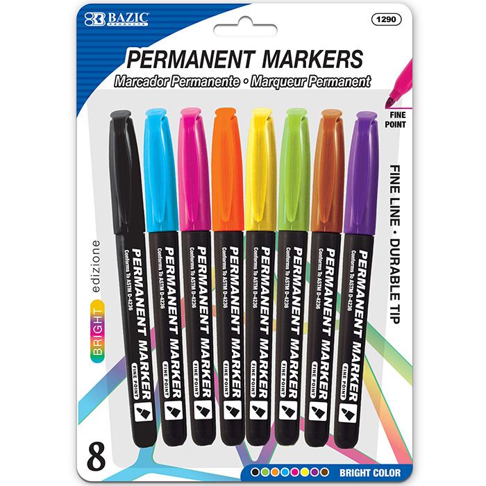 Permanent Markers - 8 Count, Assorted Colors, Fine Tip