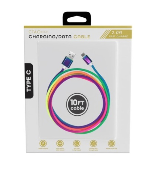 Rainbow Type C Cables - Fast Charging, 10' Long, 2.0A Lightning USB Cable