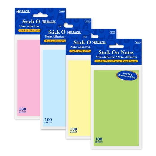 Stick On Notes 3" x 5" - 100 Sheets, Assorted Pastels
