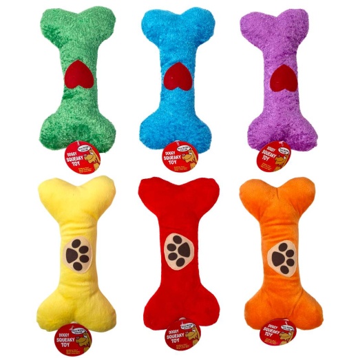 Plush Bone Dog Toys - Assorted, 9" Squeaker