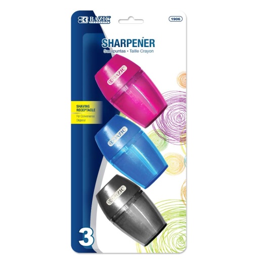 Pencil Sharpener - 3 Count, Shavings Receptacle, Assorted Colors