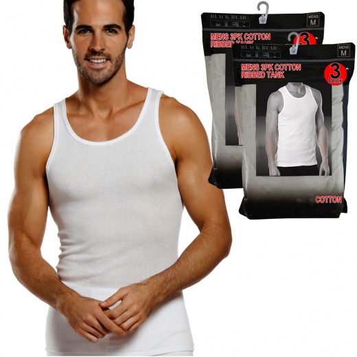 Men's Cotton Ribbed Tanks - White, Small, 3 Pack