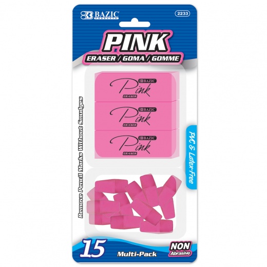 Pencil Erasers - Pencil Caps and Wedges, Pink, 15 Pack
