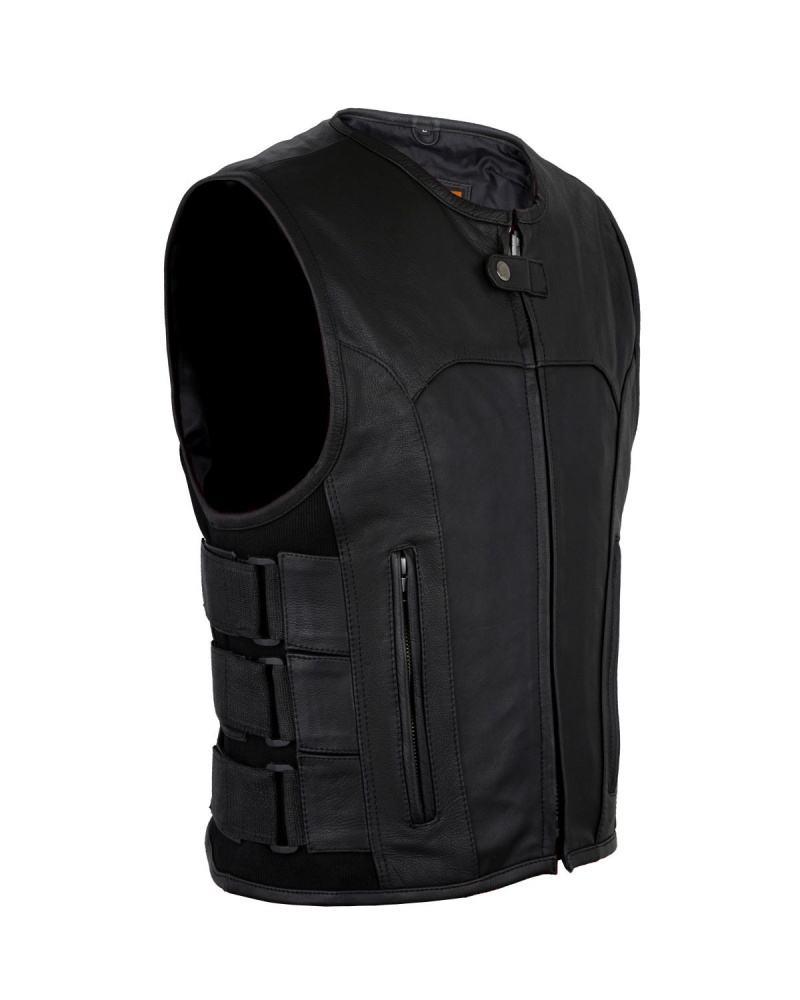 Men's Black Leather Bullet Proof Replica Vest With 3 Straps On Sides