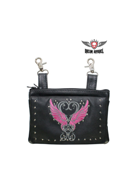 Studded Naked Cowhide Leather Belt Bag With Pink Wings
