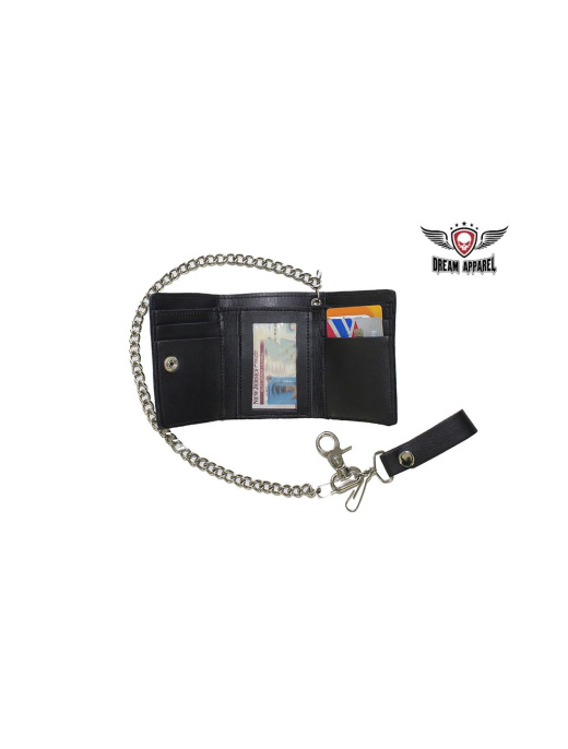 Plain Black Biker Tri-Fold Chain Wallet