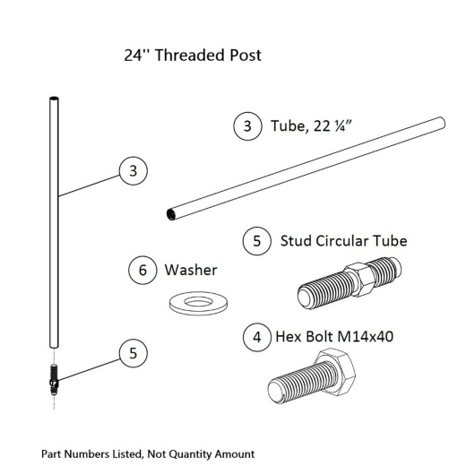 Gaga Stanchion Tube (24'' Threaded Post) And Hardware (3,4,5, And 6)