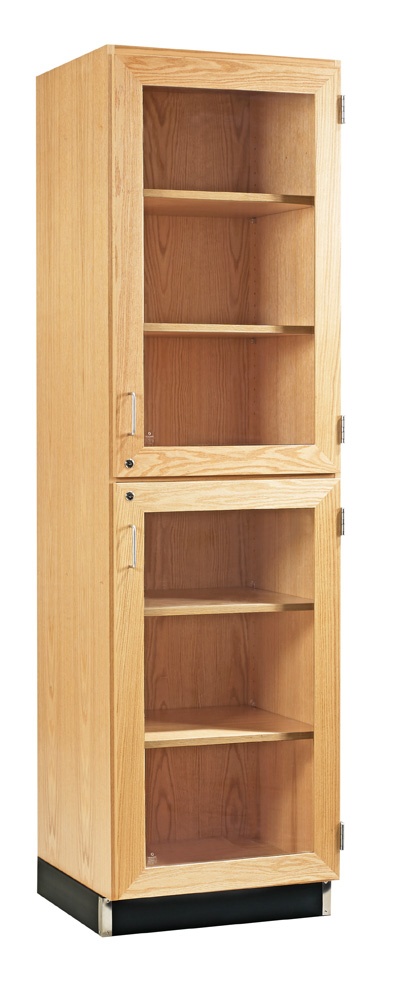 Tall Storage Cabinets with Oak Finish and Glass Doors