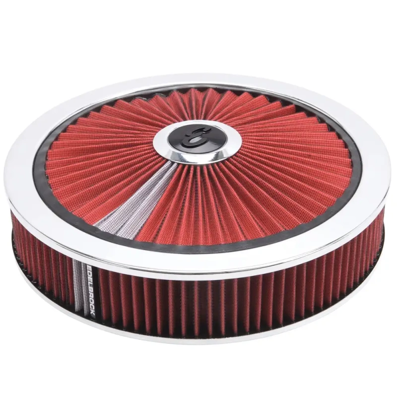 Edelbrock 43660 Air Cleaner; Pro-Flo; 14In. Round; With Breathable Lid; Red Element; Chrome Rim