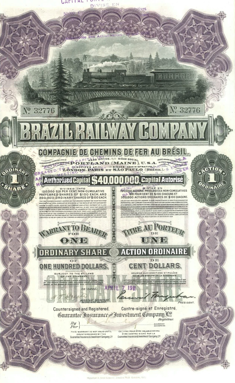 Brazil Railway Company, Stock Certificate, 1911
