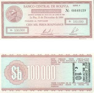 Bolivia P197(U) 10 Centavos / 100,000 Pesos Bolivianos