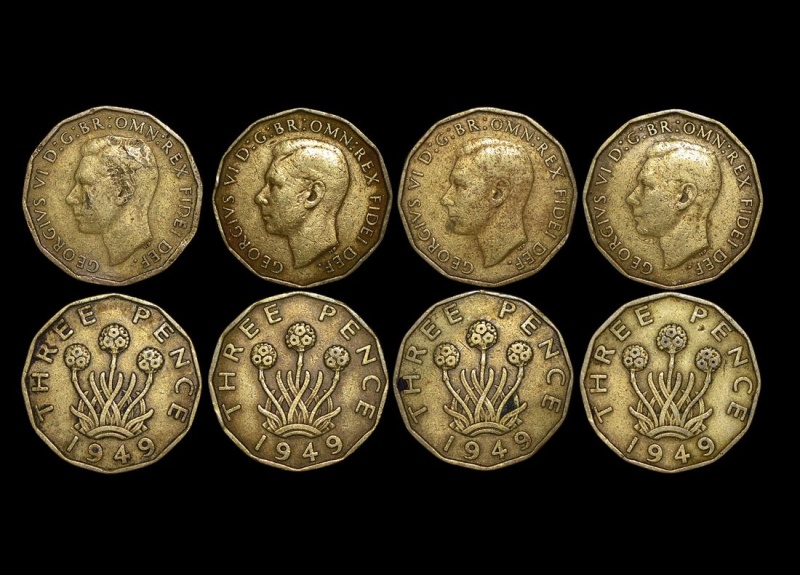 Great Britain, George Vi (1936-1952), Nickel-Brass Threepence, 1949, Rare Date, Km# 873, Vf, A Lot Of (4) Coins