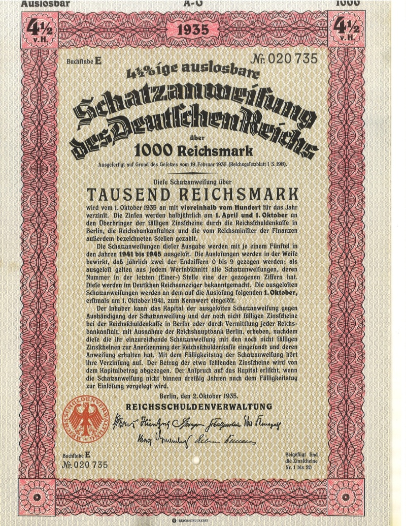Germany 1000 Reichsmark Bond Issue, 1935