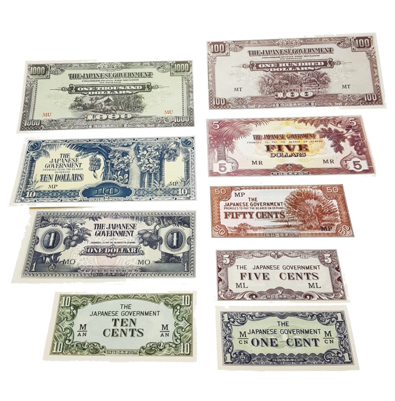 Ww2: Occuptaion Of Malaya (Set Of Nine Jim Notes Including The $1000 Bill In Au/Unc. (Billfold)