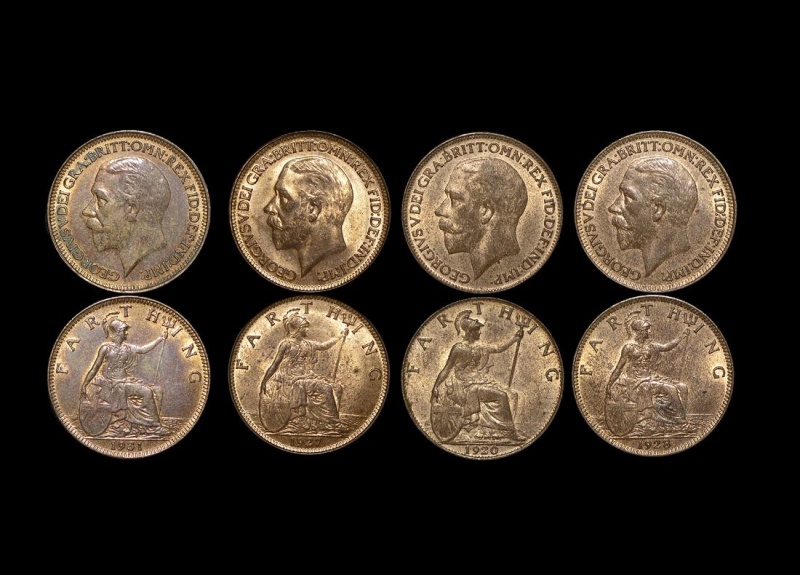Great Britain, George V (1910-1936), Bronze Farthings (4), Unc With Some Lustre, A Few Spots, A Lot Of (4) Coins